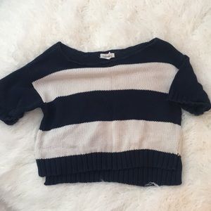 Navy blue and white short sleeved sweater
